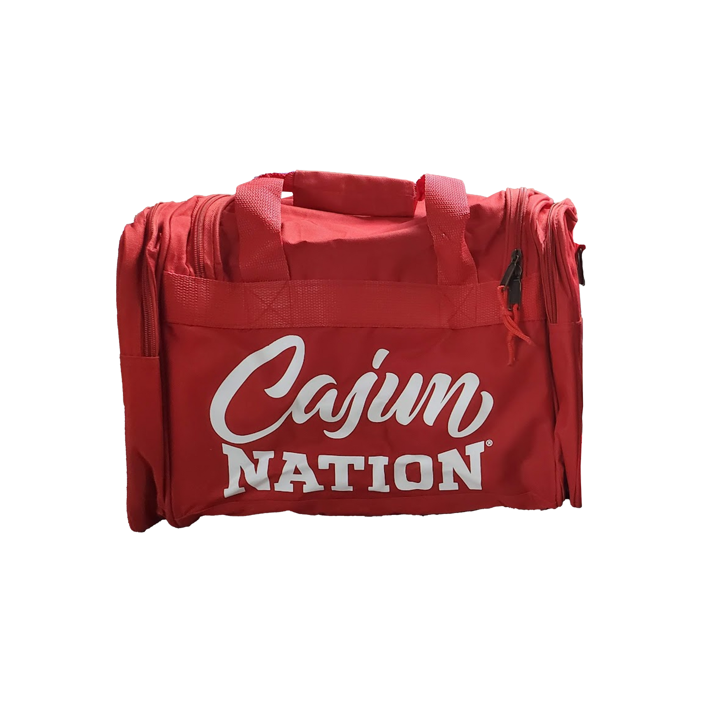 Cajun Nation Duffel Bag Material: 600D polyester w/heavy vinyl backing Adjustable shoulder strap Color: Red Front pocket Dimensions: 18” W x 10” H x 10” D