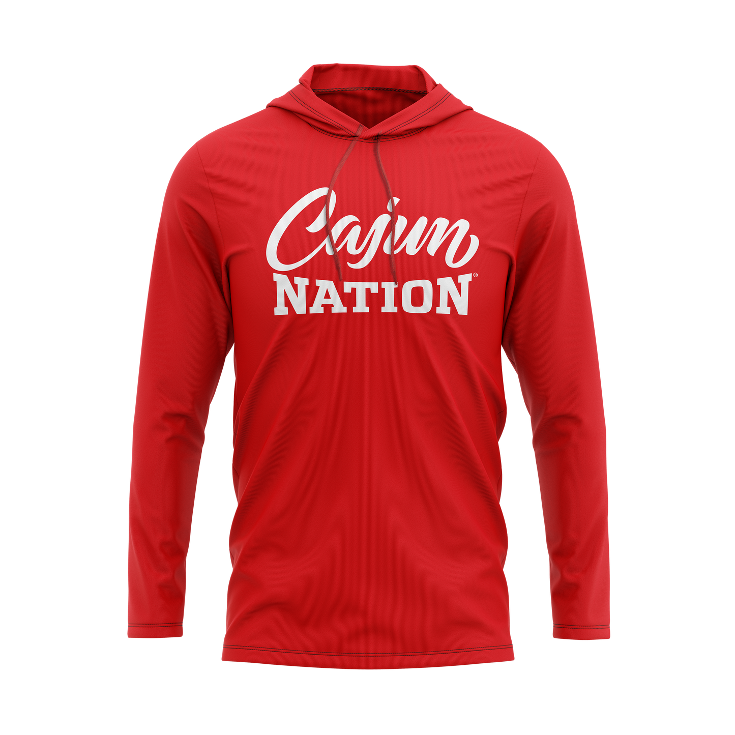 Cajun Nation Red Lightweight Classic Pullover Hoodie - 4.3 oz., 100% combed ring spun cotton, 32 singles Heather colors are 65/35 polyester/ring spun cotton Relaxed unlined hood with contrast draw cord Double-needle neck, sleeve and bottom hem Tubular construction Plastisol print