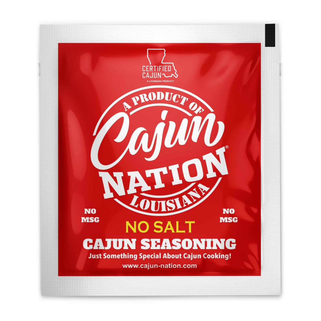 Cajun Nation NO SALT Cajun Seasoning Packets are a Certified Cajun flavorful blend of Cajun Spices with No MSG and Gluten-Free. Ingredients: Black Pepper, Dextrose, Granulated Garlic, Granulated Onion, Paprika, Red Pepper, Silicon Dioxide (to prevent caking).&nbsp; Made in Cajun Nation Louisiana along the Cajun Coast.