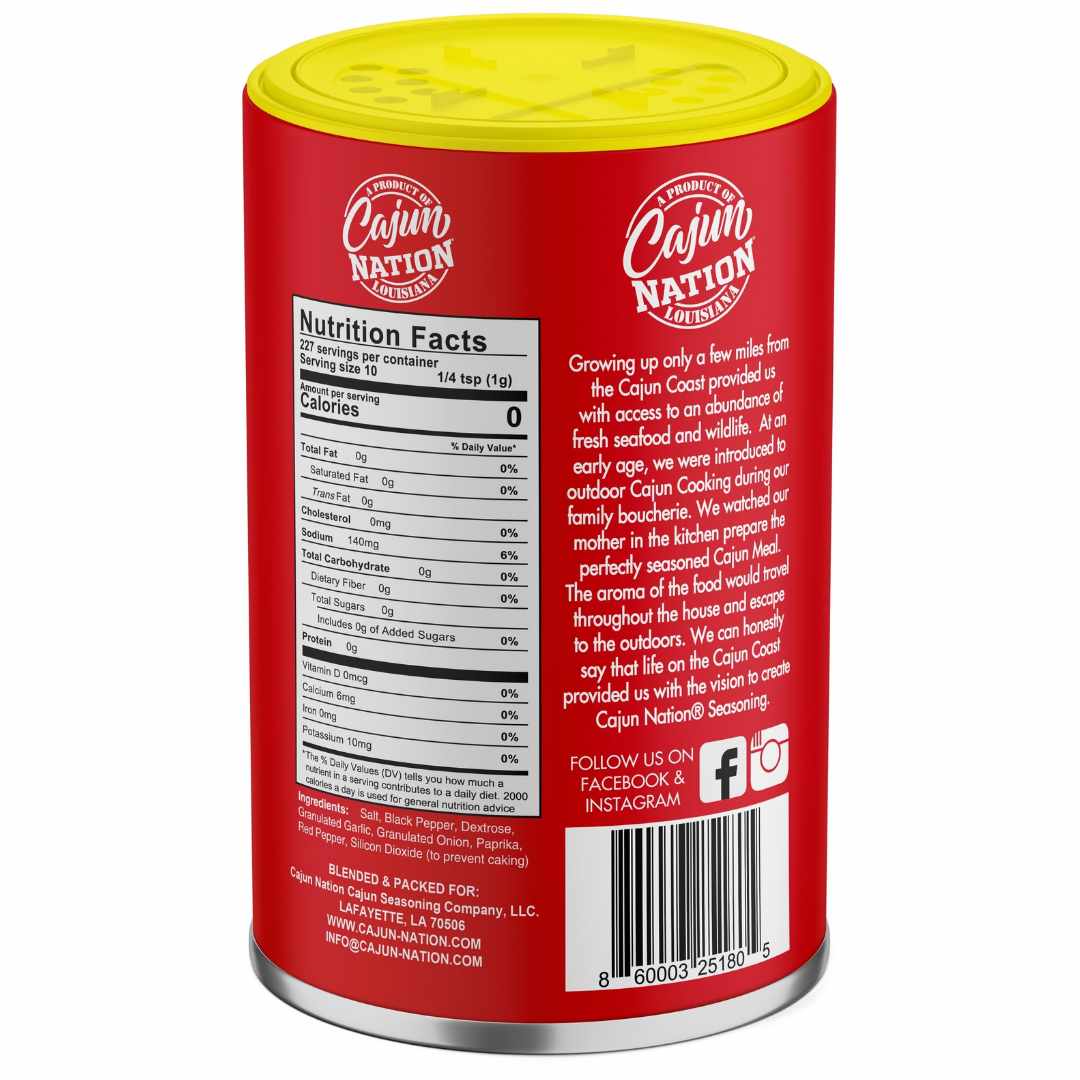 GEAUX GET THE RED CAN - CAJUN NATION Cajun Seasoning Low Sodium is a Certified Cajun 8oz flavorful LOW SODIUM (140mg) Cajun Seasoning blend of Cajun Spices with No MSG and GLUTEN FREE, Great Flavor. Blended in Cajun Nation, Louisiana along the Cajun Coast.