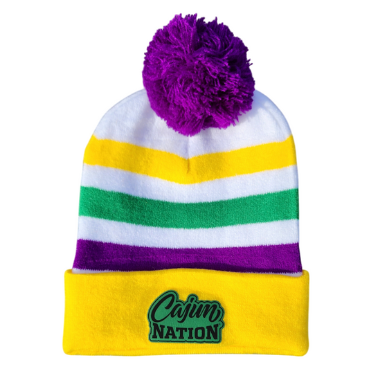 Cajun Nation Mardi Gras Beanie Purple/Green/Gold 3- Stripe Spaced Yellow Cuff Beanie with a Green Leather Cajun Nation Patch. Perfect accessory for your Mardi Gras outfit for a Mardi Gras parade, party, or event. This is the perfect hat to keep your head warm during those cold days. Featuring purple, green, and gold color block stripes on a white beanie, with a purple pompom on top! Fabric Type: Cotton
One Size Fits All with
Green Leather Patch