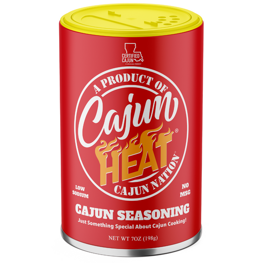 GEAUX GET THE RED CAN - Cajun Nation CAJUN HEAT Cajun Seasoning is a 7oz flavorful LOW SODIUM, (140mg) Cajun Seasoning blend of Cajun Spices with No MSG,GLUTEN FREE and Great Flavor. Ingredients: Salt, Spices, Dextrose, Granulated Garlic, Granulated Onion, Paprika, Silicon Dioxide (to prevent caking). Cajun Nation, Louisiana along the Cajun Coast.