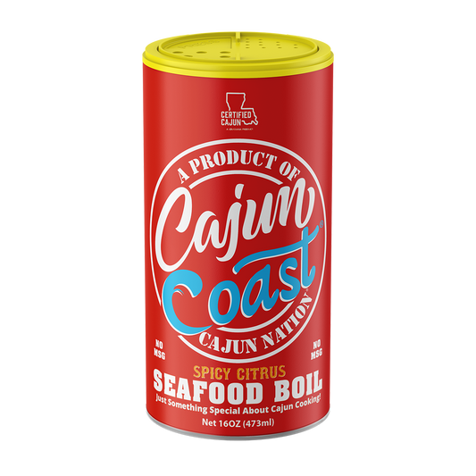 GEAUX GET THE RED CAN - Cajun Nation CAJUN COAST Spicy Citrus Seafood Boil with No MSG and Gluten-Free is a 16 ounces; flavorful spicy citrus seasoning blend of Cajun Spices that contains 310mg of Sodium. Ingredients: Salt, Red Pepper, Granulated Garlic, Lemon Powder (Corn Syrup Solids, Lemon Juice Concentrate, Lemon Oil), Orange Powder, Paprika, Tri-Calcium Phosphate (to prevent caking), Black Pepper, Citric Acid, Crab Spice (Water, Polysorbate 80, Natural Flavor, Propylene Glycol, Xanthan Gum)