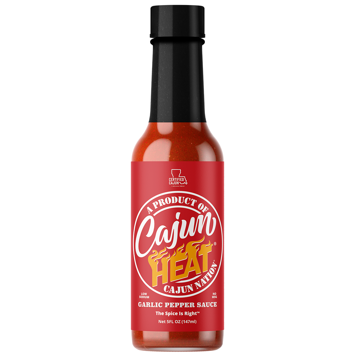  Cajun Heat Garlic Pepper Sauce is a Certified Cajun LOW SODIUM 5 oz flavorful blend of Cajun Red Peppers and Garlic Juice with No MSG blended for the Home Chef. It contains 100mg of sodium.