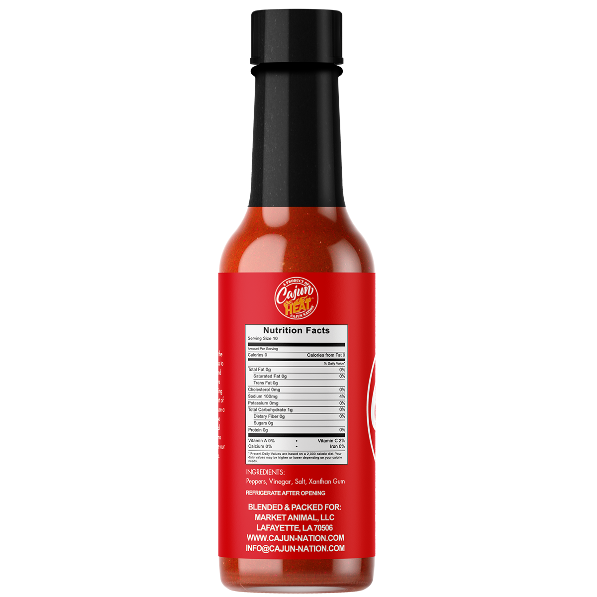 Cajun Heat Louisiana Hot Sauce is a Certified Cajun LOW SODIUM 5 oz flavorful blend of Louisiana Red Peppers with No MSG blended for the Home Chef.  It contains 100mg of sodium. 