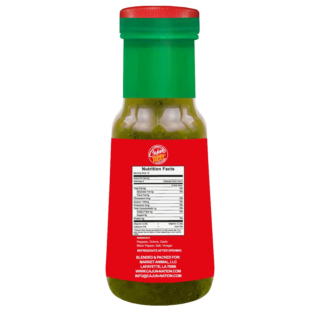  Cajun Heat Green Chow Chow - Crushed Green Peppers ( Old Fashion Cajun Hot Sauce ) is a Certified Cajun 6 oz LOW SODIUM flavorful blend of Cajun Green Peppers with No MSG blended for the Home Chef. It contains 100mg of sodium. Ingredients: Peppers, Onions, Garlic, Black Pepper, Salt, Vinegar.