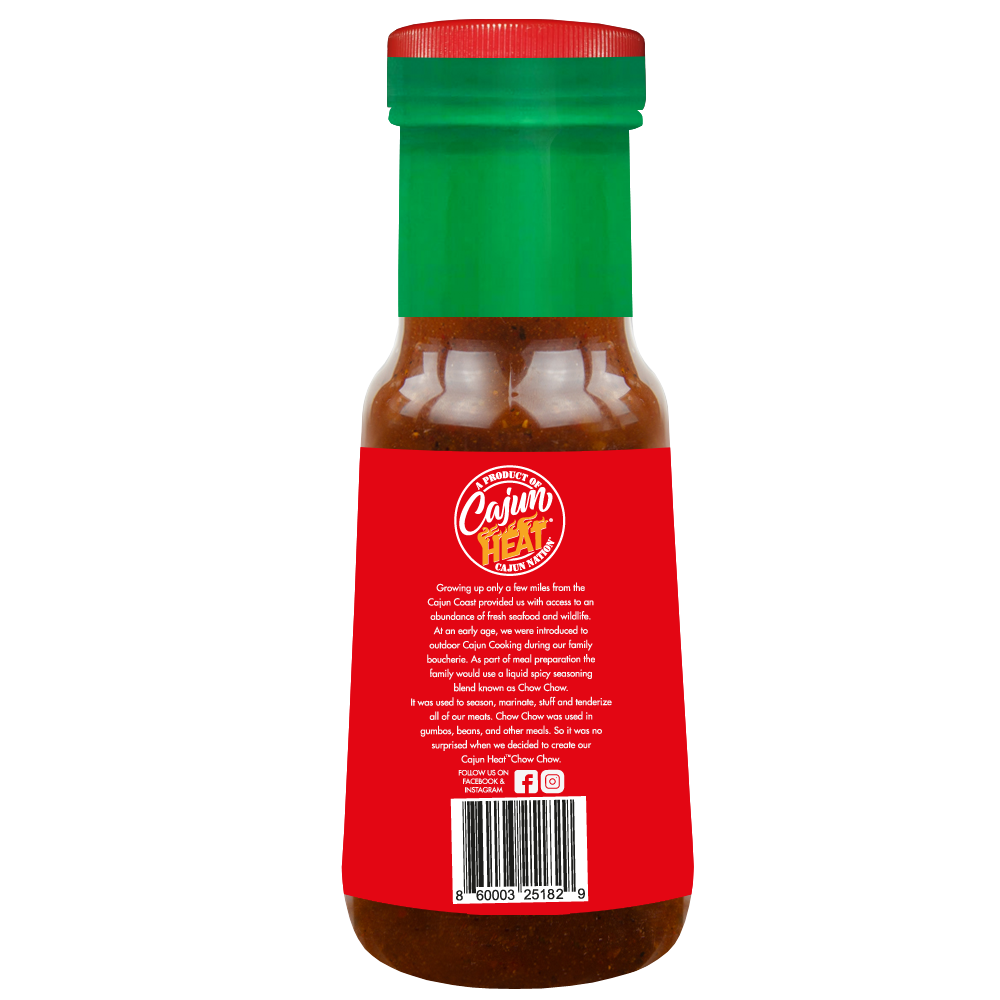 Cajun Nation Cajun Heat Red Chow Chow - Crushed Red Peppers is a Certified Cajun 6 fluid ounces, LOW SODIUM flavorful blend of Cajun Red Peppers with No MSG. It contains 100mg of sodium. Made in Cajun Nation, Louisiana along the Cajun Coast.