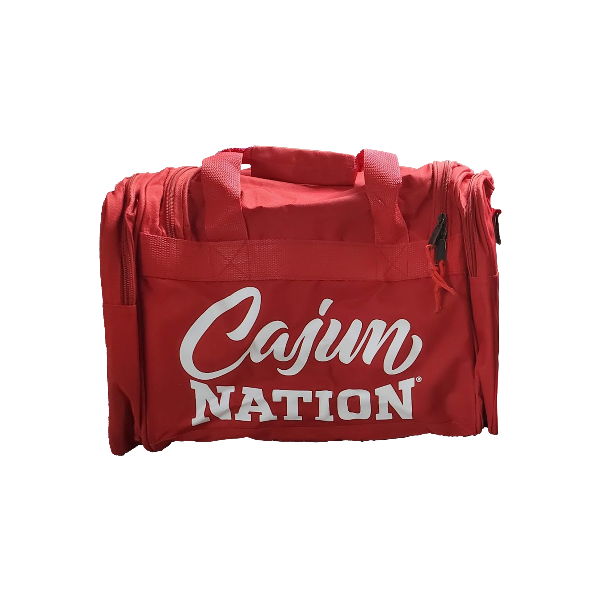 Cajun Nation Duffel Bag Material: 600D polyester w/heavy vinyl backing Adjustable shoulder strap Color: Red Front pocket Dimensions:  18” W x 10” H x 10” D
