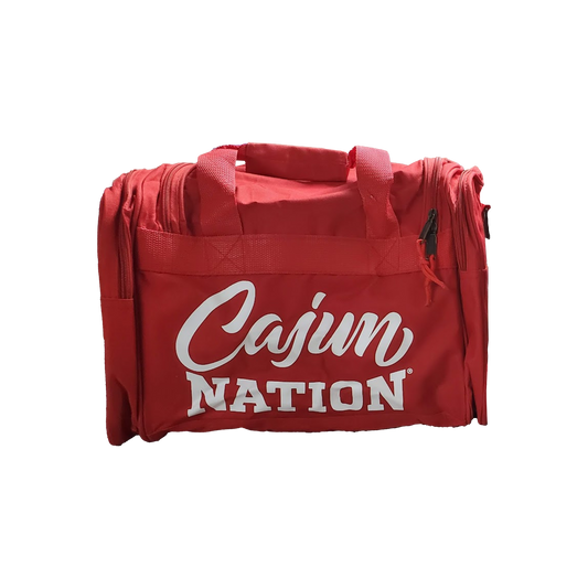 Cajun Nation Duffel Bag Material: 600D polyester w/heavy vinyl backing Adjustable shoulder strap Color: Red Front pocket Dimensions:  18” W x 10” H x 10” D