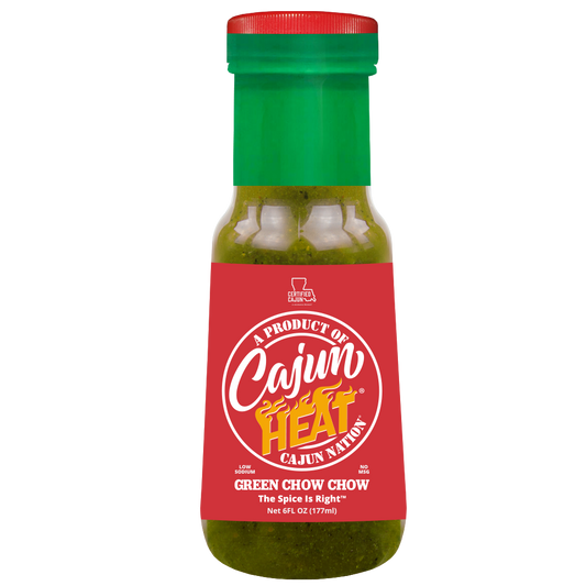 Cajun Nation CAJUN HEAT Low Sodium Green Chow Chow of Crushed Green Peppers is a 6 fluid ounces LOW SODIUM flavorful blend of  Green Peppers with No MSG. It contains 100mg of sodium. Ingredients: Peppers, Onions, Garlic, Black Pepper, Salt, Vinegar. Cajun Nation, Louisiana along the Cajun Coast.