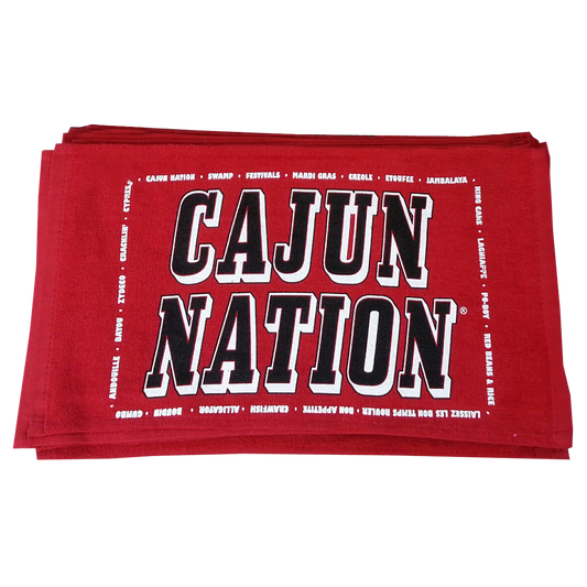 Cajun Nation Chef Towel is 9.5" x 17" and 100% Cotton.