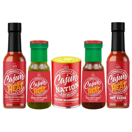 Cajun Nation Cajun Seasoning and Cajun Heat Hot Sauces, 5 Pack: LOW SODIUM with No MSG and Gluten Free 1-Cajun Nation Cajun Seasoning 1-Cajun Heat Garlic Pepper Sauce 1-Cajun Heat Chow Chow Cajun Red Pepper  1-Cajun Heat Chow Chow Cajun Green Pepper  1-Cajun Heat Louisiana Hot Sauce