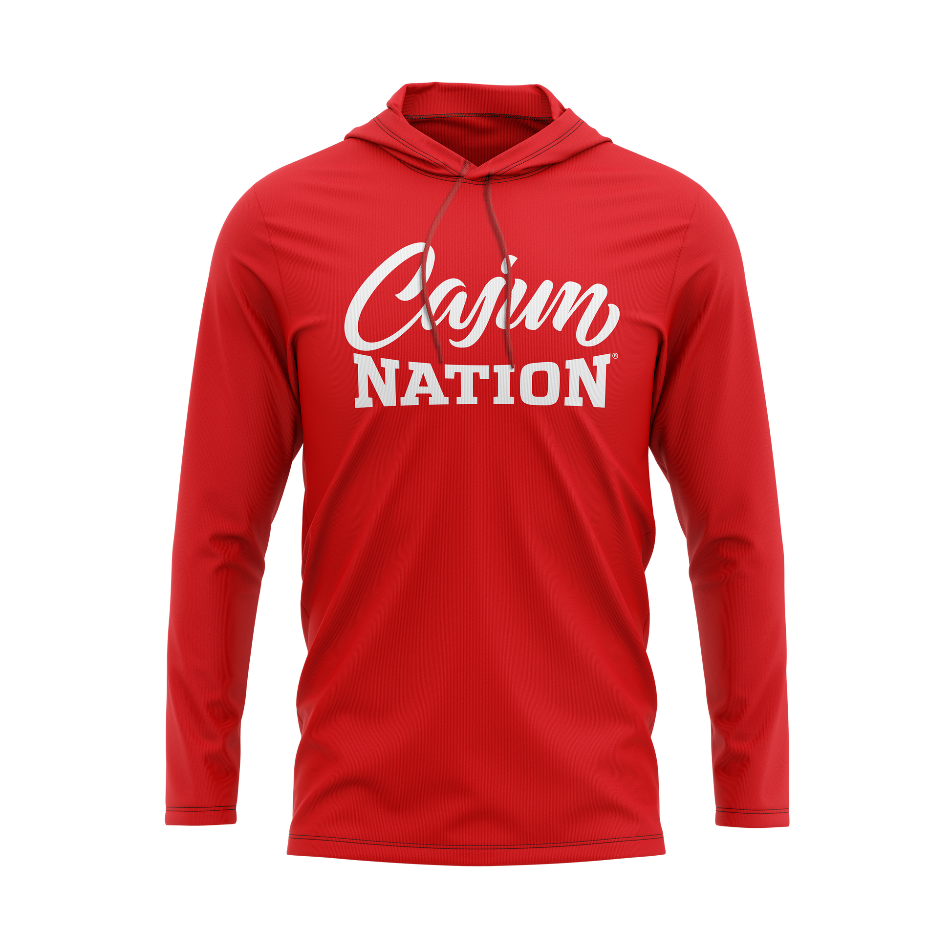 Cajun Nation Red Lightweight Classic Pullover Hoodie  - 4.3 oz., 100% combed ring spun cotton, 32 singles Heather colors are 65/35 polyester/ring spun cotton Relaxed unlined hood with contrast draw cord Double-needle neck, sleeve and bottom hem Tubular construction Plastisol print