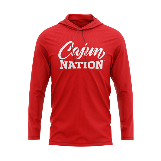 Cajun Nation Red Lightweight Classic Pullover Hoodie  - 4.3 oz., 100% combed ring spun cotton, 32 singles Heather colors are 65/35 polyester/ring spun cotton Relaxed unlined hood with contrast draw cord Double-needle neck, sleeve and bottom hem Tubular construction Plastisol print