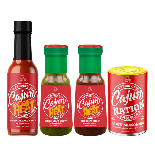 Cajun Nation Cajun Seasoning and Cajun Heat Hot Sauces, 4 Pack: LOW SODIUM with No MSG and Gluten Free