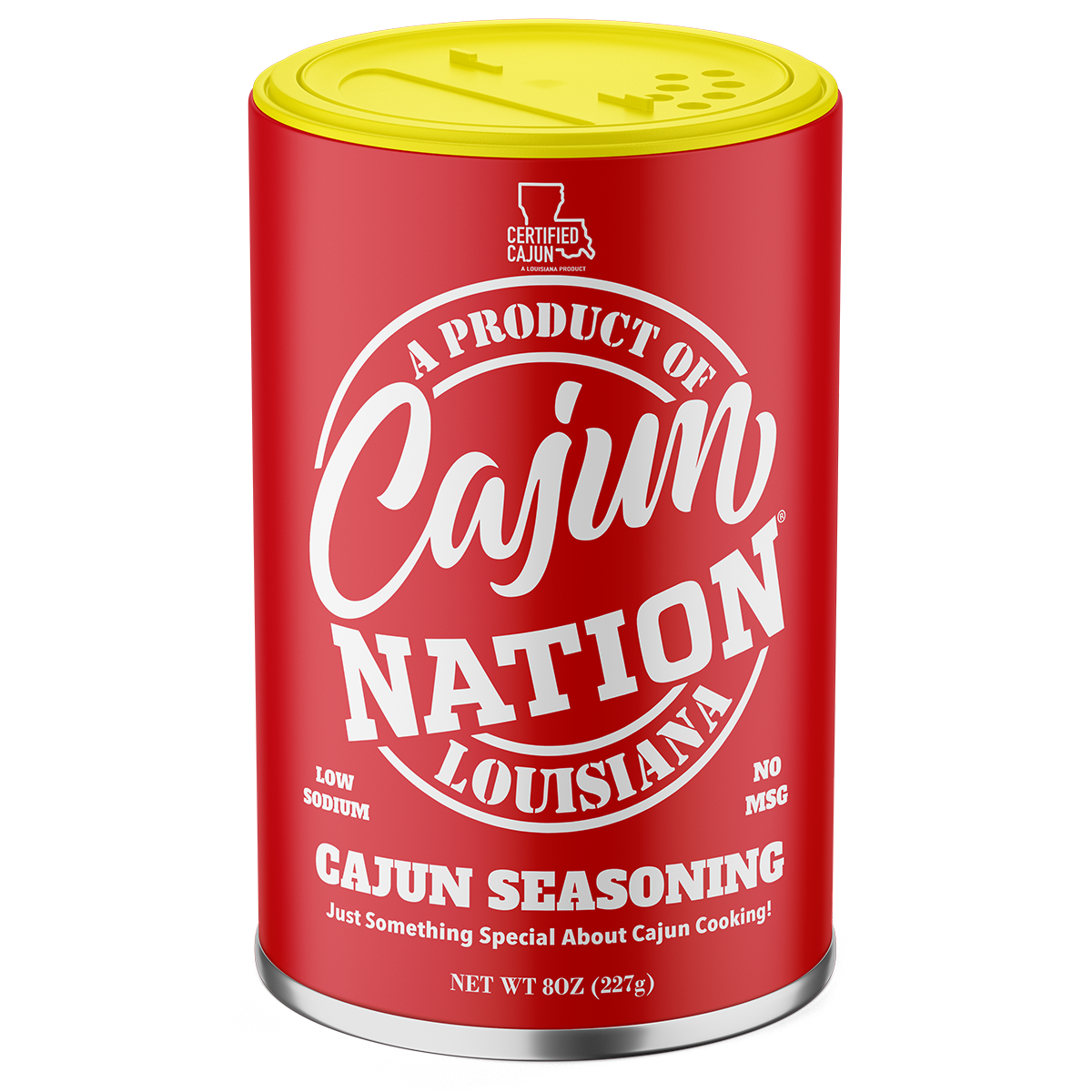 GEAUX GET THE RED CAN - CAJUN NATION Cajun Seasoning Low Sodium is a Certified Cajun 8oz flavorful LOW SODIUM (140mg) Cajun Seasoning blend of Cajun Spices with No MSG and GLUTEN FREE, Great Flavor. Blended in Cajun Nation, Louisiana along the Cajun Coast.