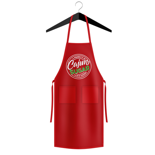 Cajun Sugar Home Chef Red Apron Length 34 Inches x Width 30 Inches (One Size Fits Most) Apron Length Type Mid-Length Color Red Features With Pockets Material Poly-Cotton Twill Number of Pockets 2 Type Bib Aprons Plastisol print