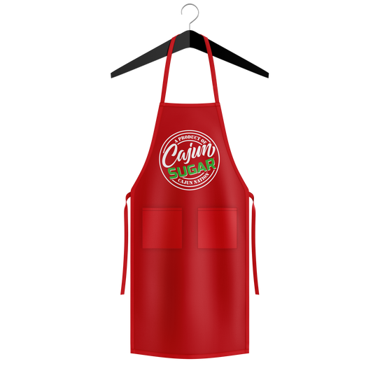 Cajun Sugar Chef Red Apron Length 34 Inches x Width 30 Inches (One Size Fits Most) Apron Length Type Mid-Length Color Red Features With Pockets Material Poly-Cotton Twill Number of Pockets 2 Type Bib Aprons Plastisol print
