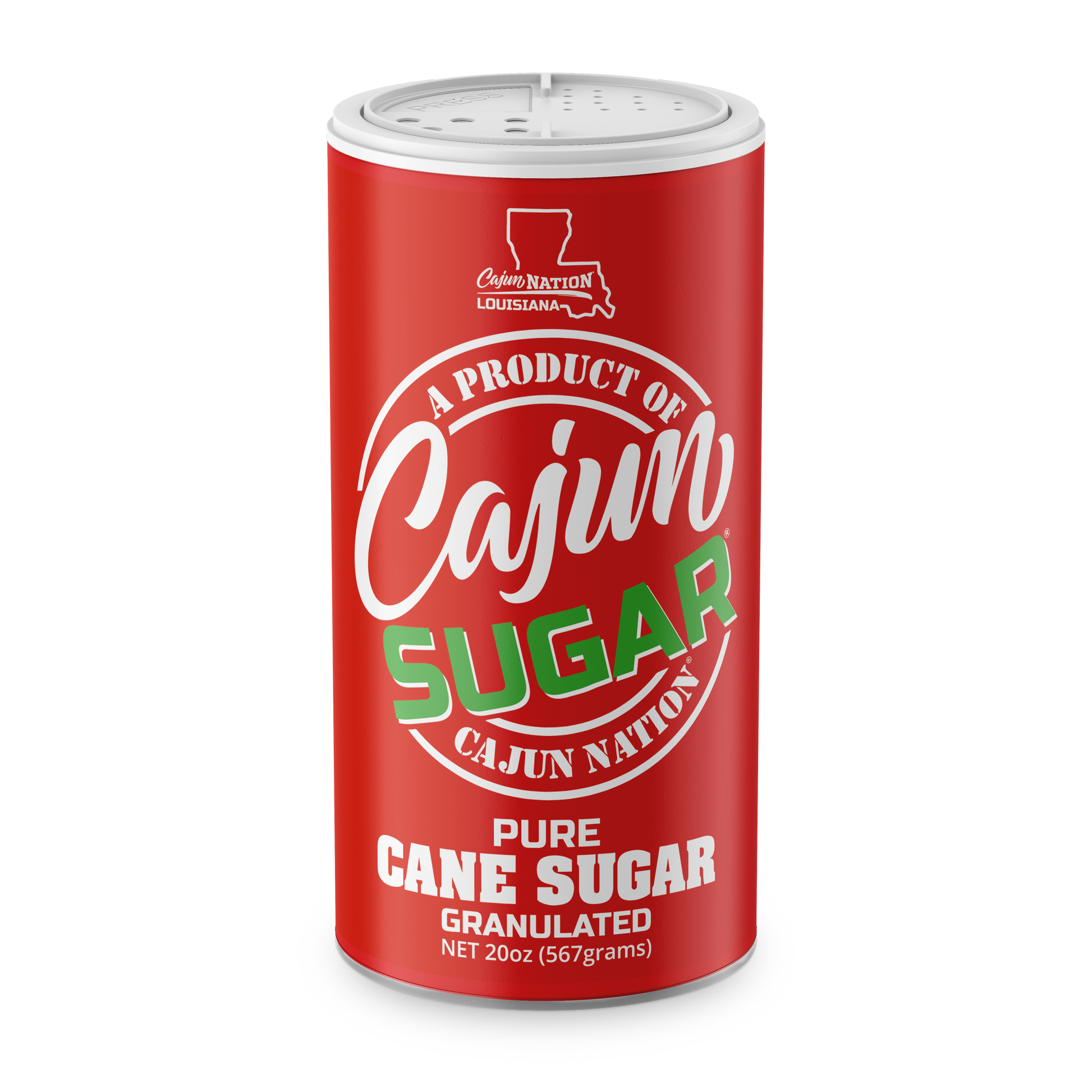  Cajun Sugar is 100% Granulated White Sugar, 20 oz, PURE CANE SUGAR Ingredients: Sugar.  Ideal for sweetening beverages, table use, and baking. 