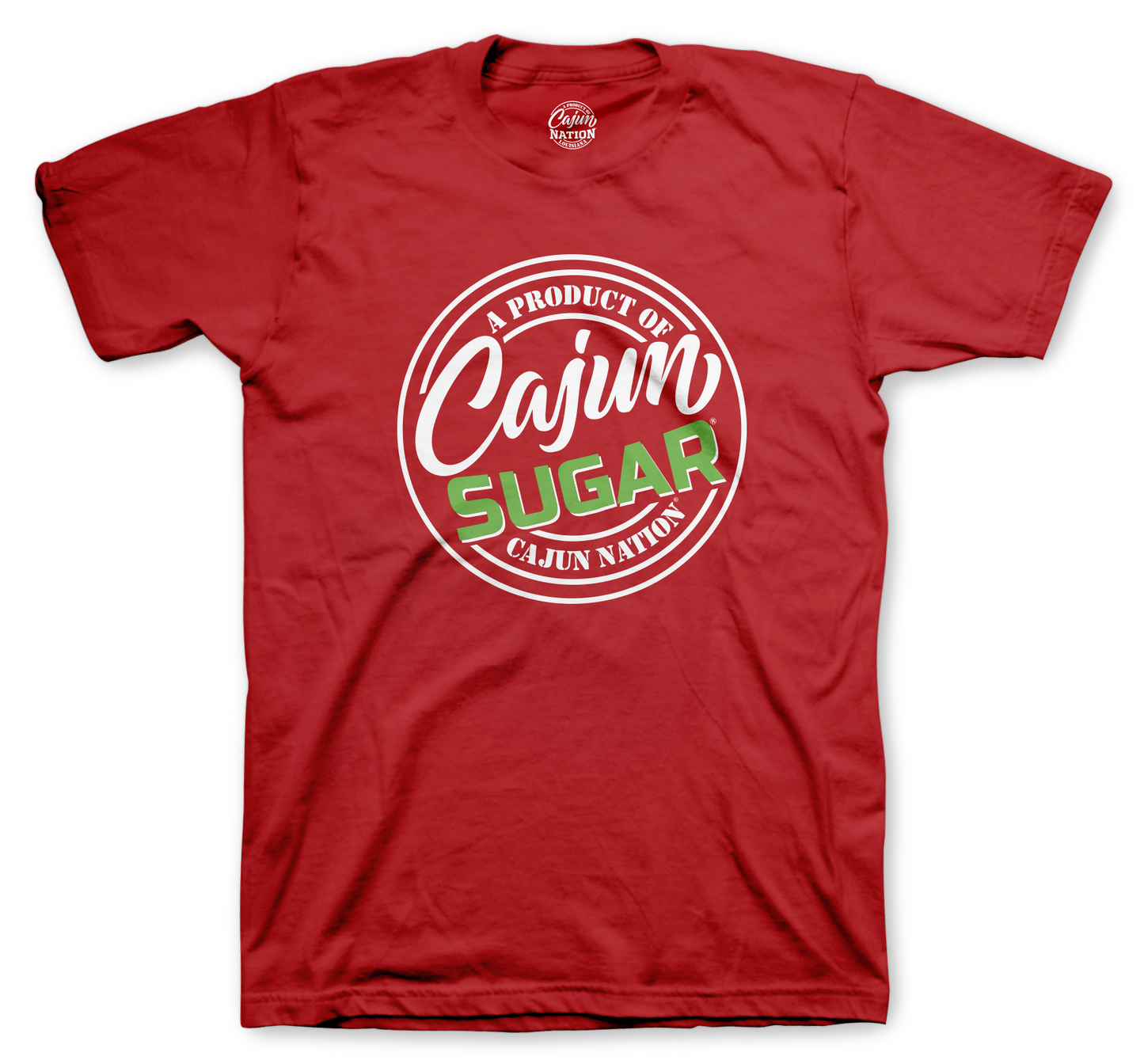 Cajun Sugar Red Can T-Shirt 4.3 oz., preshrunk 100% combed ring-spun cotton Seamed collar Shoulder-to shoulder tape Features a TearAway label Tubular construction Semi-fitted Double-needle sleeve and bottom hem Oeko-Tex® Standard 100 Certified Plastisol print