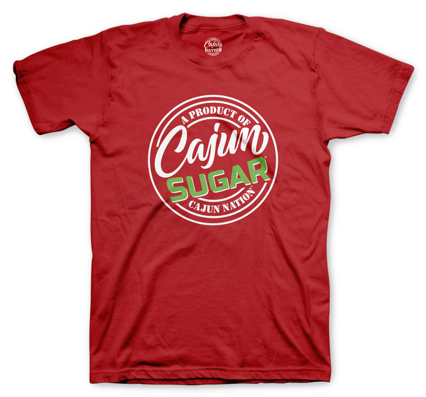 Cajun Sugar Red Can T-Shirt 4.3 oz., preshrunk 100% combed ring-spun cotton Seamed collar Shoulder-to shoulder tape Features a TearAway label Tubular construction Semi-fitted Double-needle sleeve and bottom hem Oeko-Tex® Standard 100 Certified Plastisol print