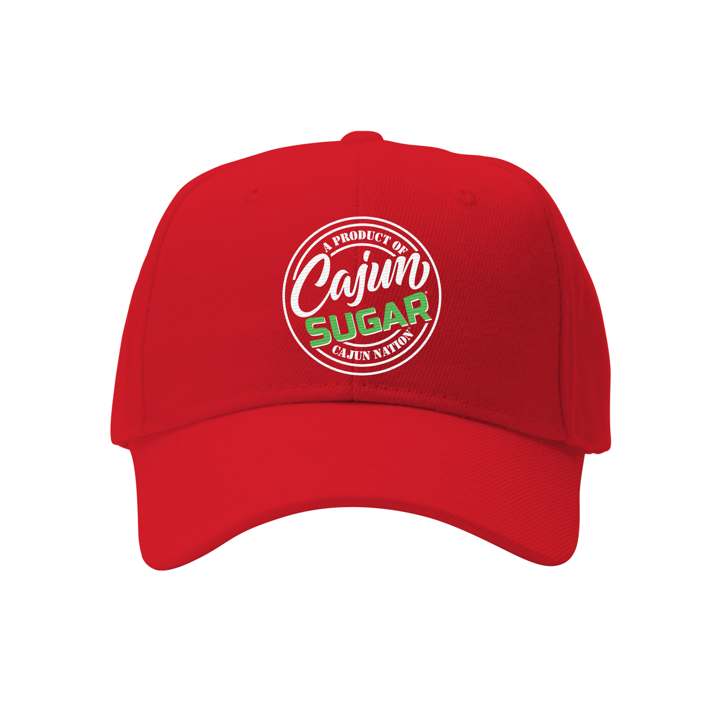 Cajun Sugar Red Polo Cap Pre-curved Visor Fabric strap with antique brass slide buckle closure 100% Cotton One size fits Most Plastisol print