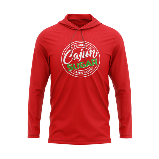  Cajun Sugar Red Lightweight Pullover Hoodie 4.3 oz., 100% combed ringspun cotton, 32 singles Heather colors are 65/35 polyester/ring spun cotton Relaxed unlined hood with contrast drawcord Double-needle neck, sleeve and bottom hem Tubular construction Plastisol print