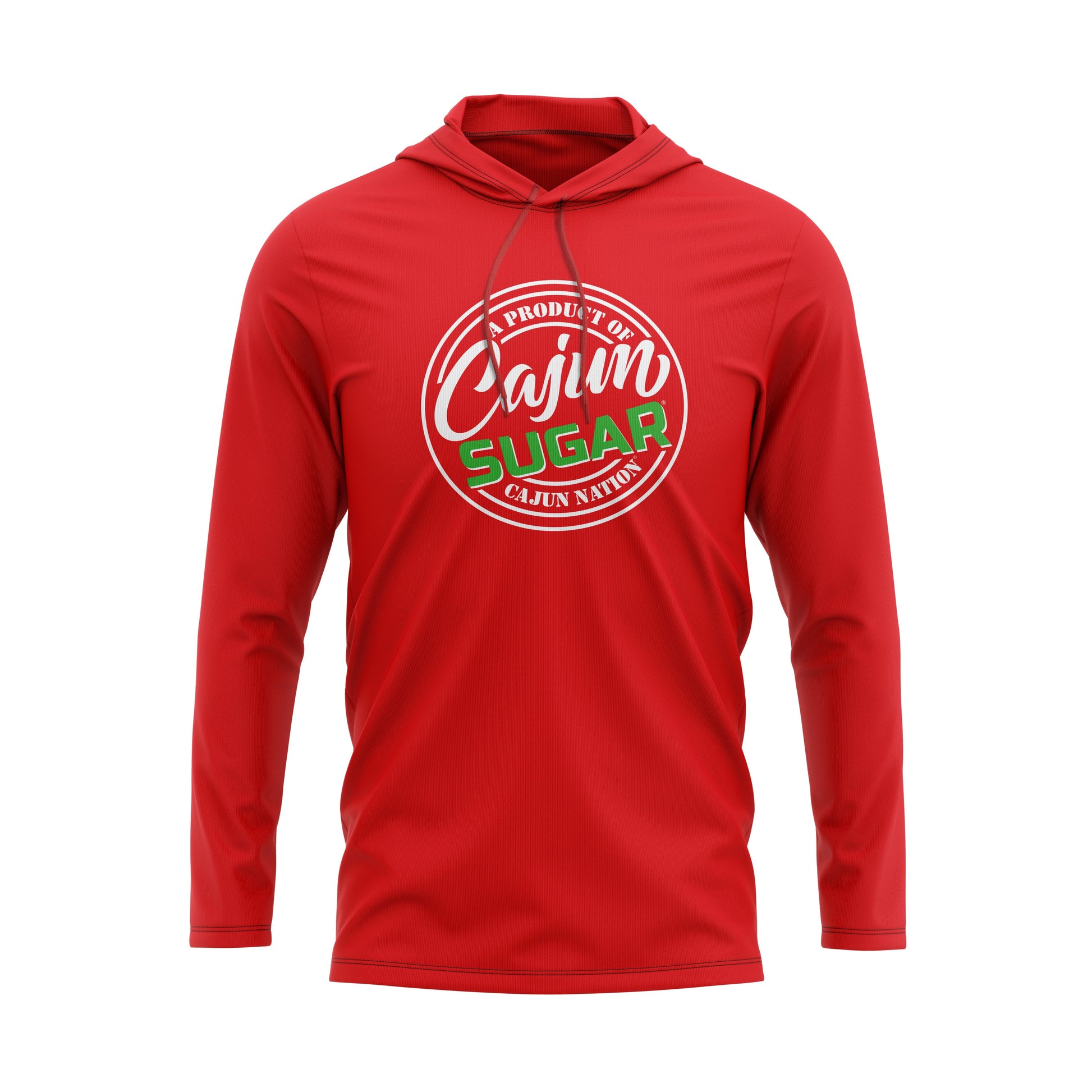  Cajun Sugar Red Lightweight Pullover Hoodie 4.3 oz., 100% combed ringspun cotton, 32 singles Heather colors are 65/35 polyester/ring spun cotton Relaxed unlined hood with contrast drawcord Double-needle neck, sleeve and bottom hem Tubular construction Plastisol print