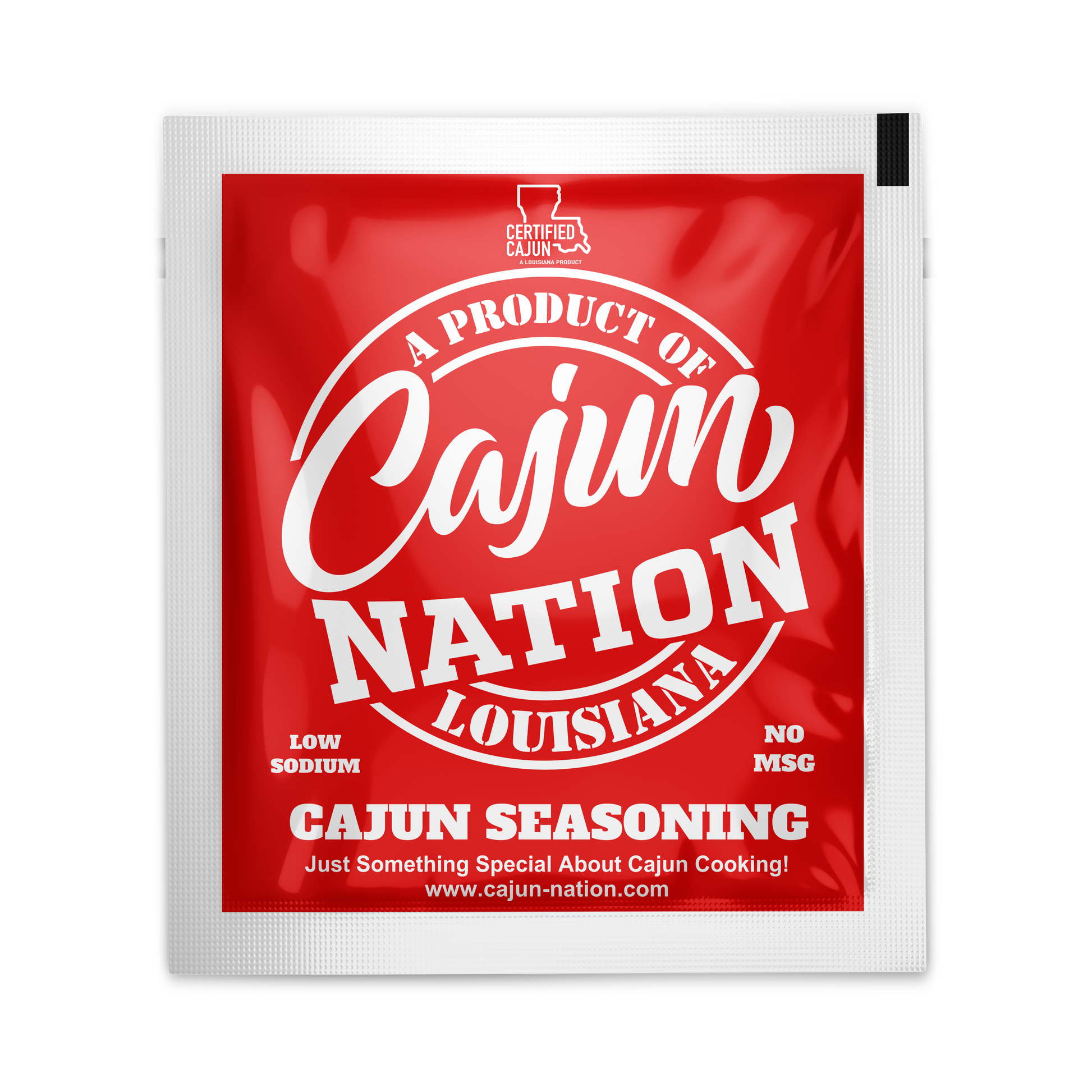 Cajun Nation LOW SODIUM Cajun Seasoning Packets are a Certified Cajun flavorful blend of Cajun Spices with No MSG and Gluten-Free. Ingredients: Salt, Black Pepper, Dextrose, Granulated Garlic, Granulated Onion, Paprika, Red Pepper, Silicon Dioxide (to prevent caking).&nbsp; Blended in Cajun Nation, Louisiana along the Cajun Coast.