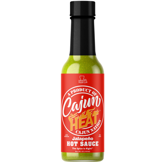 Cajun Nation Cajun Heat Low Sodiified Cajun LOW SODIUM 5 fluid ounces, flavorful blend of  Jalapeño Peppers with No MSG.  It contains 100mg of sodium.  Made in Cajun Nation, Louisiana along the Cajun Coast. 