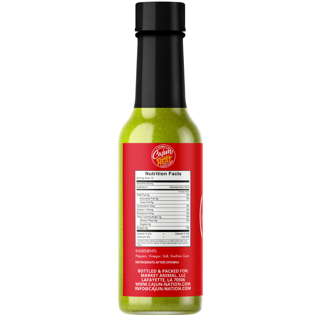 Cajun Heat Jalapeño Hot Sauce is a Certified Cajun LOW SODIUM 5 oz flavorful blend of  Jalapeño Peppers with No MSG blended for the Home Chef.  It contains 100mg of sodium.