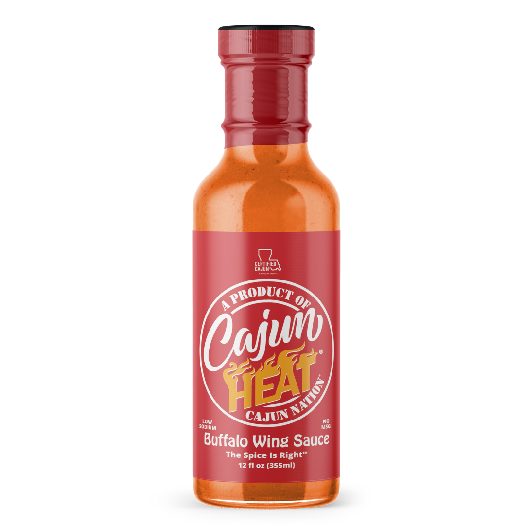 CAJUN HEAT Buffalo Wing Sauce is a  LOW SODIUM 12 fl oz flavorful blend with No MSG, and infused with Cajun Nation Cajun Seasoning.  Cajun Nation, Louisiana along the Cajun Coast. 