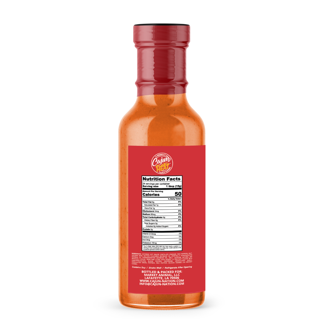 CAJUN HEAT Buffalo Wing Sauce is a  LOW SODIUM 12 fl oz flavorful blend with No MSG, and infused with Cajun Nation Cajun Seasoning.  Cajun Nation, Louisiana along the Cajun Coast. 