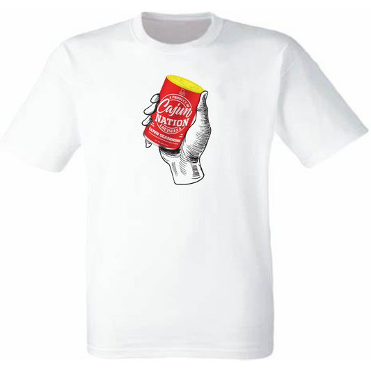 Cajun Nation Red Can T-Shirt - 4.3 oz., preshrunk 100% combed ring-spun cotton Seamed collar Shoulder-to shoulder tape Features a TearAway label Tubular construction Semi-fitted Double-needle sleeve and bottom hem Oeko-Tex® Standard 100 Certified Plastisol print