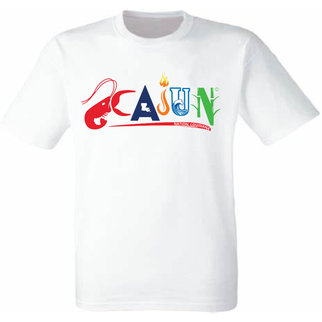 Cajun Nation Louisiana T-shirt, 4.3 oz., preshrunk 100% combed ring-spun cotton Seamed collar Shoulder-to shoulder tape Features a TearAway label Tubular construction Semi-fitted Double-needle sleeve and bottom hem Oeko-Tex® Standard 100 Certified Plastisol print