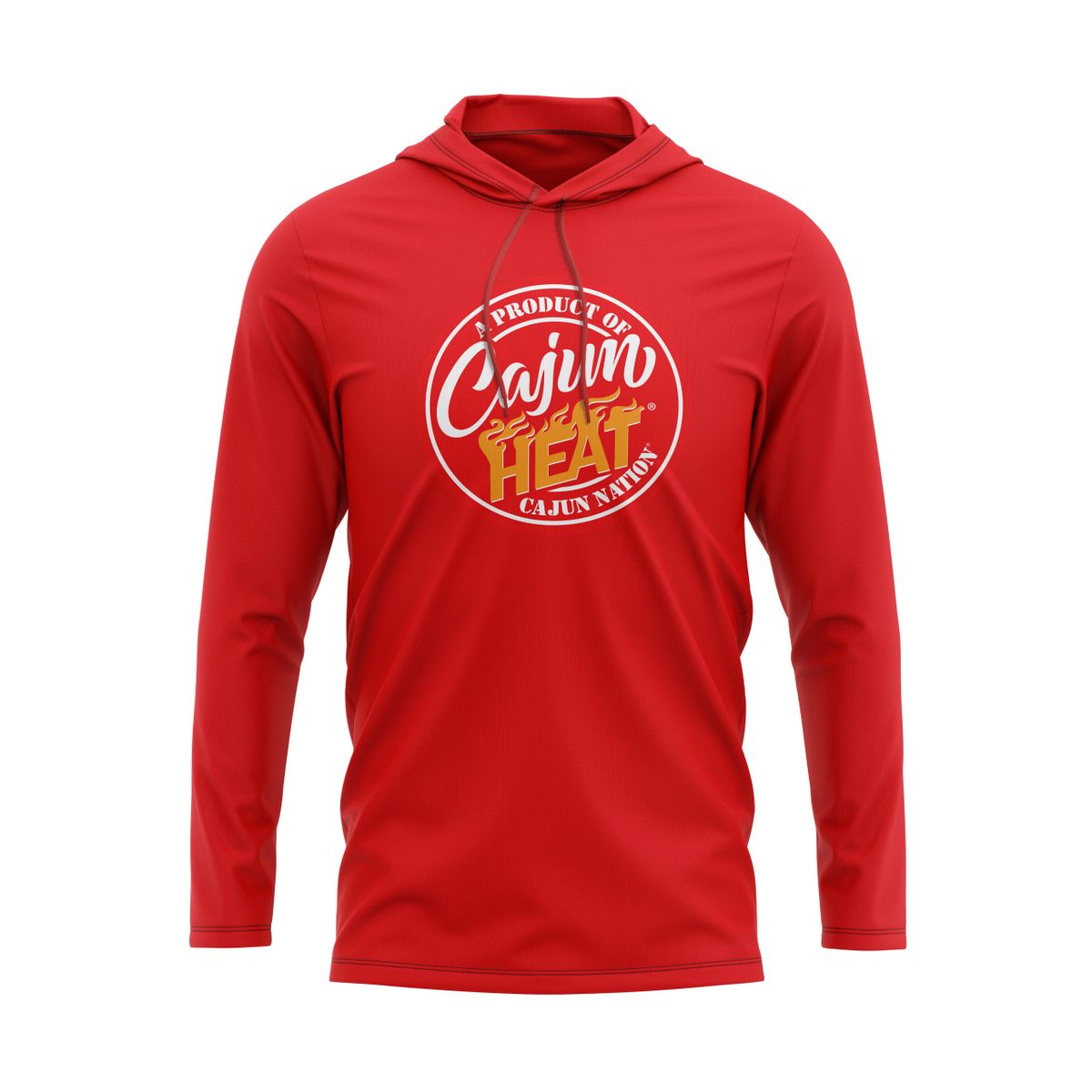  Cajun Heat Red Lightweight Pullover Hoodie - 4.3 oz., 100% combed ring spun cotton, 32 singles Heather colors are 65/35 polyester/ringspun cotton Relaxed unlined hood with contrast drawcord Double-needle neck, sleeve and bottom hem Tubular construction Plastisol print
