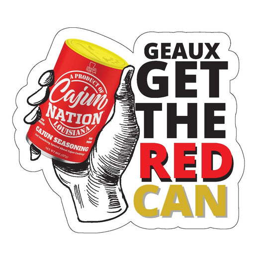 Cajun Nation Geaux Get The Red Can Stickers are 3 inch custom die cut stickers. Thick, durable vinyl protects from scratches, water & sunlight.