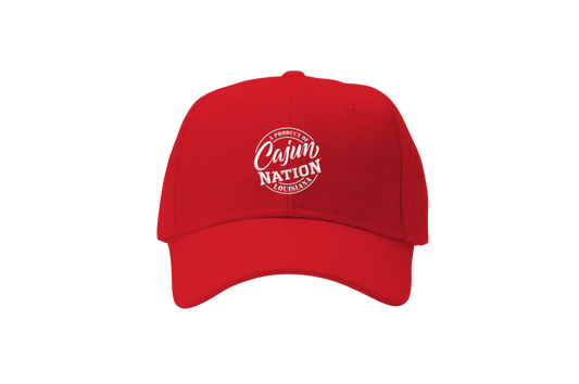 Cajun Nation Red Polo Cap - Pre-curved Visor Fabric strap with antique brass slide buckle closure 100% Cotton One size fits Most Plastisol print